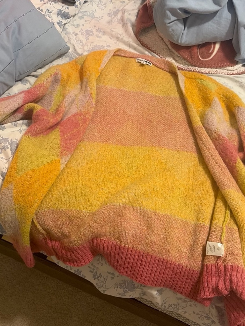 Fashion Nova Yellow & Pink Striped Open-Front Cardigan